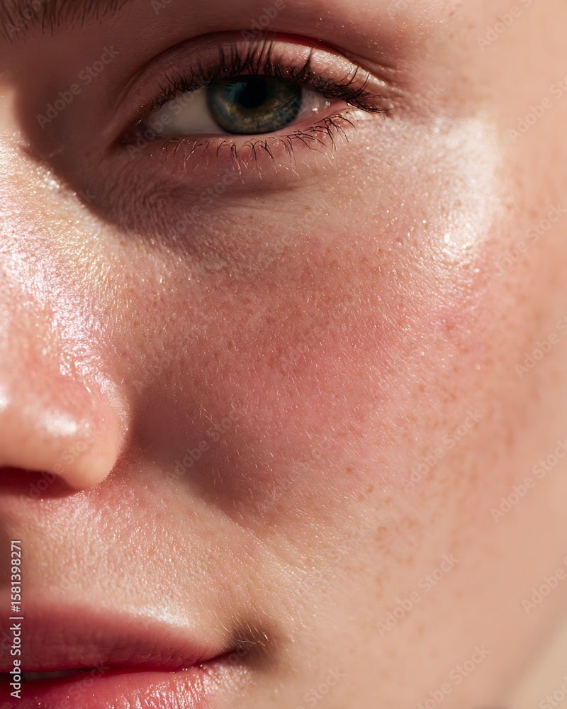 Fototapeta premium A soft pink cream is gently spread on the cheeks of a fair-skinned woman. The background is bright white and the light is soft. It is suitable for advertising serum or cream for sensitive skin.