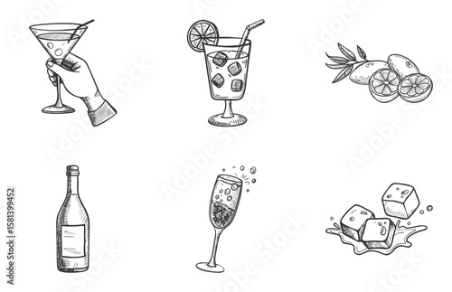 Hand-drawn sketch icons of martini in hand, cocktail with lemon, citrus slices, wine bottle, champagne flute and melting ice cubes in black-white comic style. Concept: bar drinks, mixology, party deco