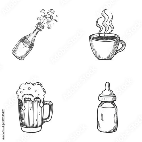 Hand-drawn sketch icons of soda splash, hot coffee, foamy beer mug and baby bottle in black-white comic style. Concept: drink variety, lifestyle illustration, beverage design for all ages