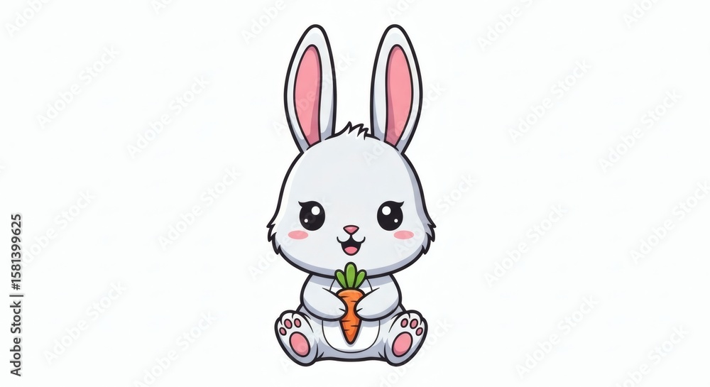 Adorable cartoon rabbit sitting, holding a bright orange carrot on a clean white background, perfect for children's illustrations. Adorable cartoon rabbit sitting, holding a bright orange carrot on a clean white background, perfect for children's illustrations.