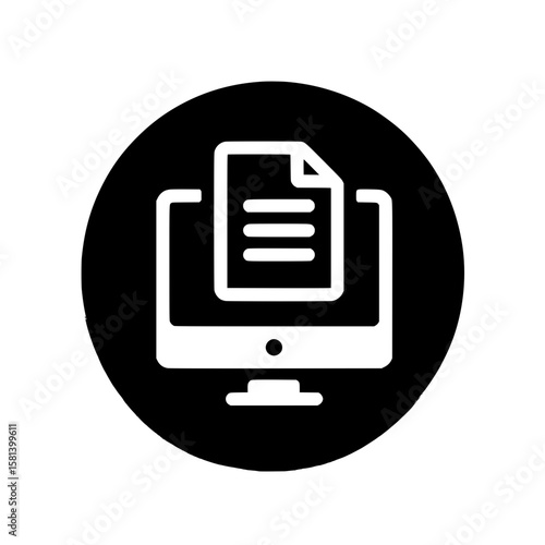 Desktop monitor icon with paper document representing digital file management or online document access