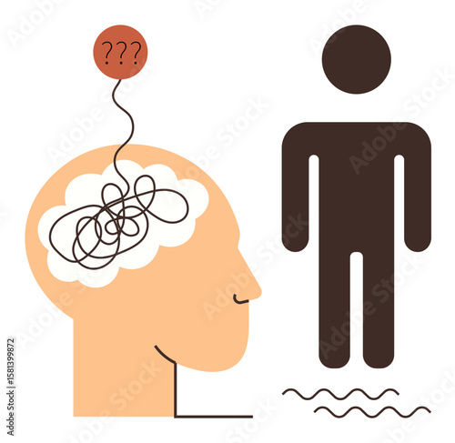 Tangled lines in a brain with a question mark balloon represent confusion, paired with an abstract human figure suggesting interpersonal challenges. Ideal for psychology, communication