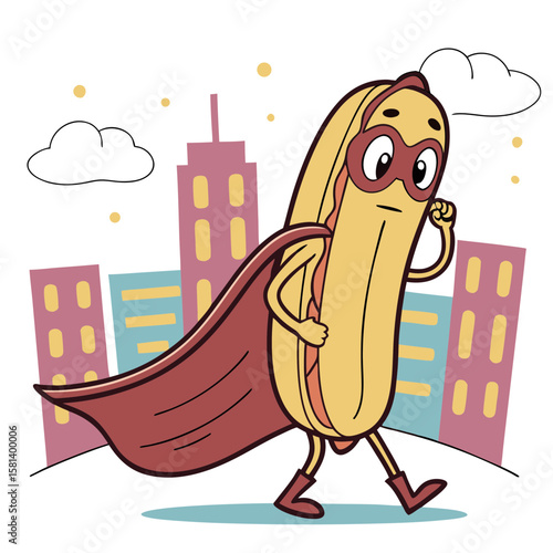 A superhero hot dog character walking in a city with a cape vector art