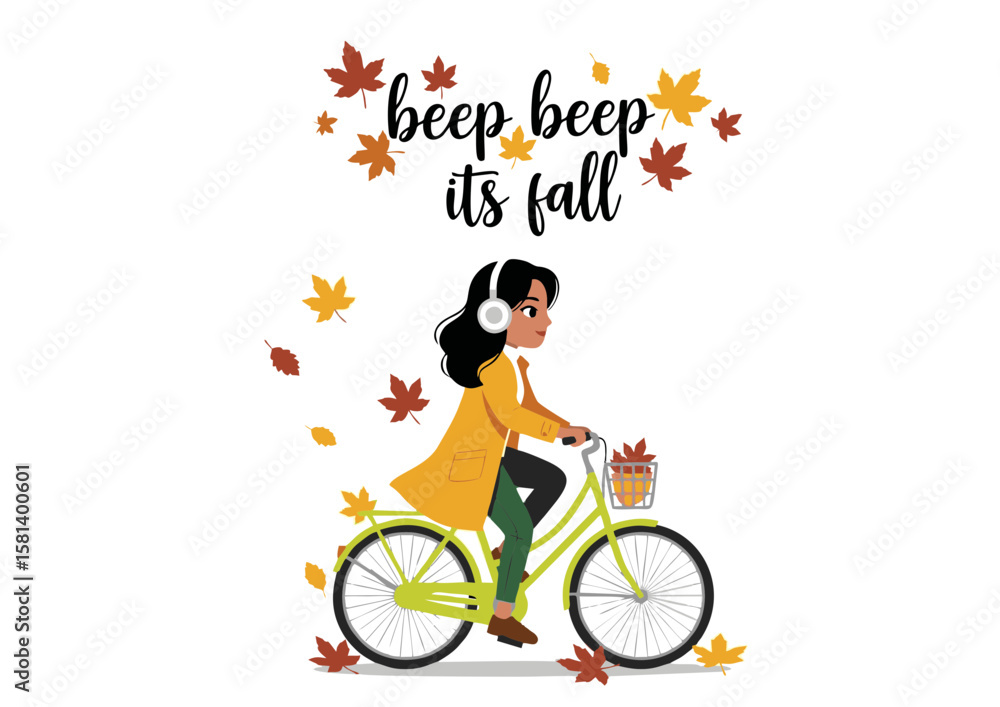 Fototapeta premium Cartoon Woman Riding Bicycle with Headphones Autumn Leaves Fall Season.