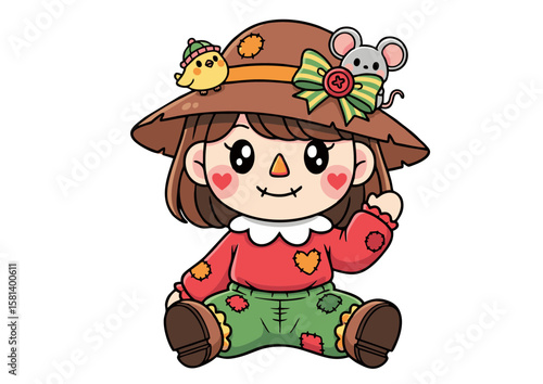 Cartoon Scarecrow Girl with Bird and Mouse on Hat Smiling Face.