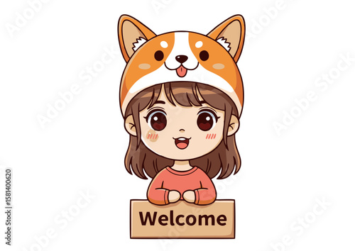 Cute Cartoon Girl Wearing Corgi Hat Holding Welcome Sign.