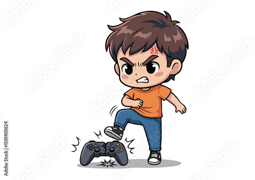 Angry Cartoon Boy Stomping on Broken Game Controller with Furious Expression.