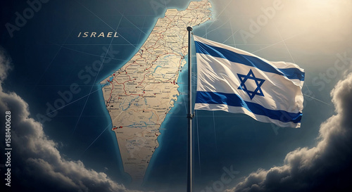 Israeli flag waving over territorial map showing expansionist vision of Greater Israel project amid dramatic cloudy sky