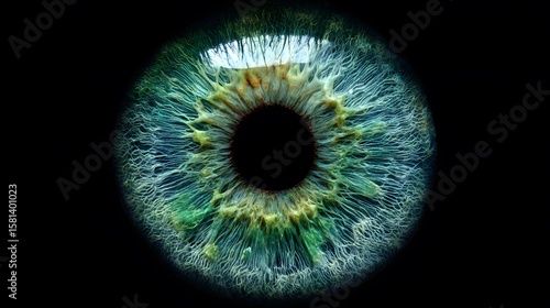 An abstract macro shot of an eye showcases intricate textures and vibrant colors, creating a captivating and otherworldly visual experience.