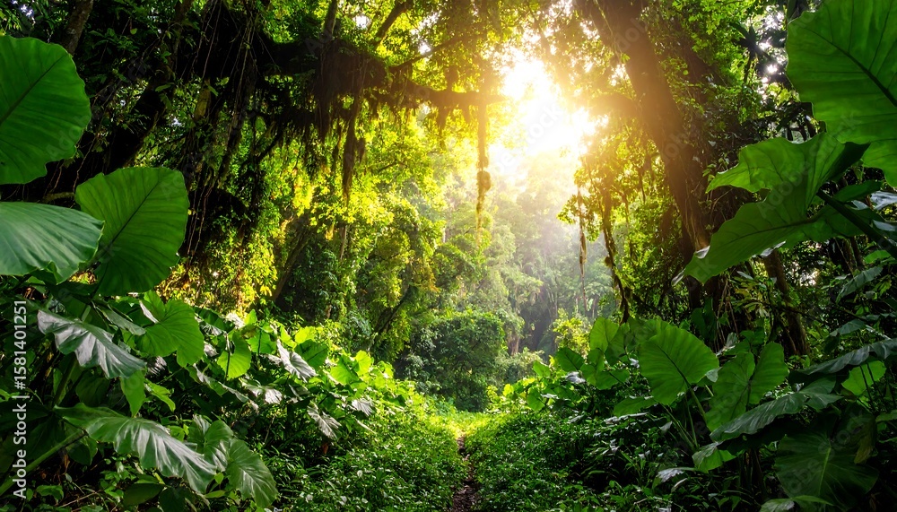 Fototapeta premium Lush tropical forest canopy. Sunlight streams through