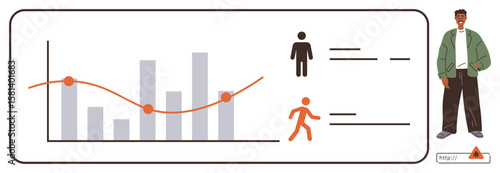 Bar chart with data points, line graph, user figure icons, activity tracker, and stylish character. Ideal for analytics, progress tracking, user data, performance reports infographics app design