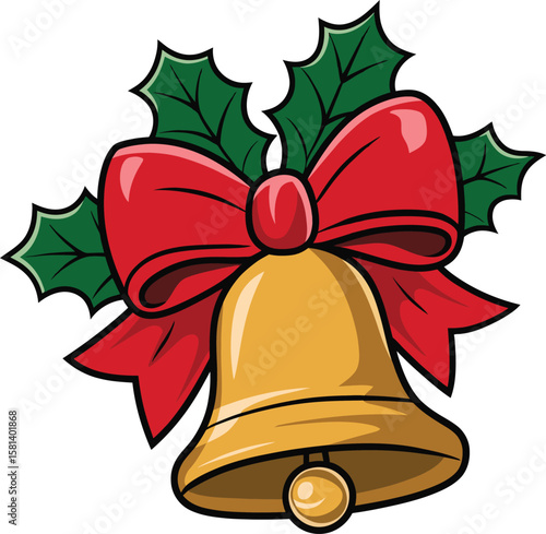 Christmas Bell with Red Bow and Holly – Holiday Vector Illustration