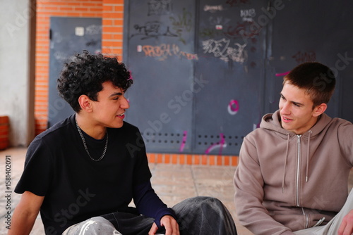 Two teenage boys laughing outside, friendship concept