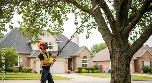 Tree Trimmer Using Pole Saw on Tall Branch

