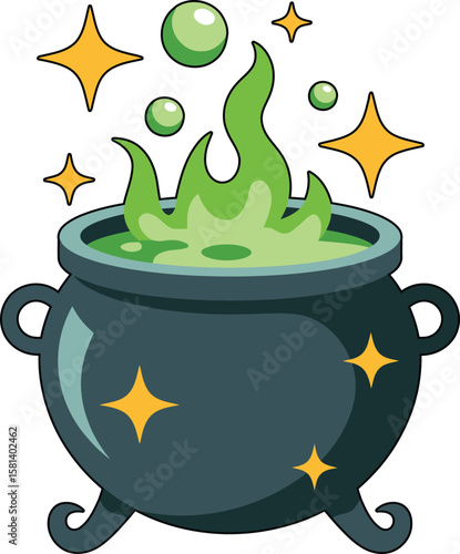 Magic Potion Cauldron Cartoon Vector with Green Bubbles and Sparkles