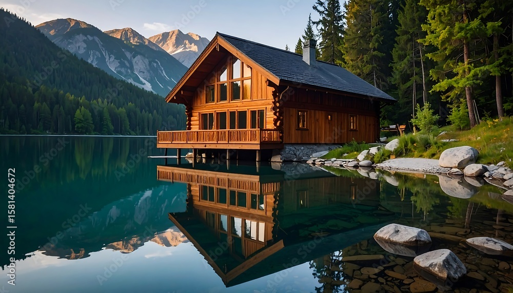 Fototapeta premium Rustic mountain chalet reflecting on serene lake