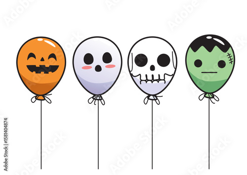 Fun and playful Halloween balloons featuring pumpkin, ghost, skull, and Frankenstein designs.