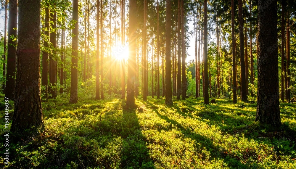 Obraz premium Sunlight streams through a dense pine forest