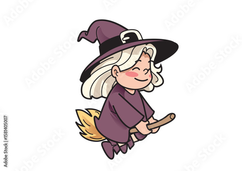 Charming cartoon witch happily flying on a broomstick, embodying the spirit of Halloween.