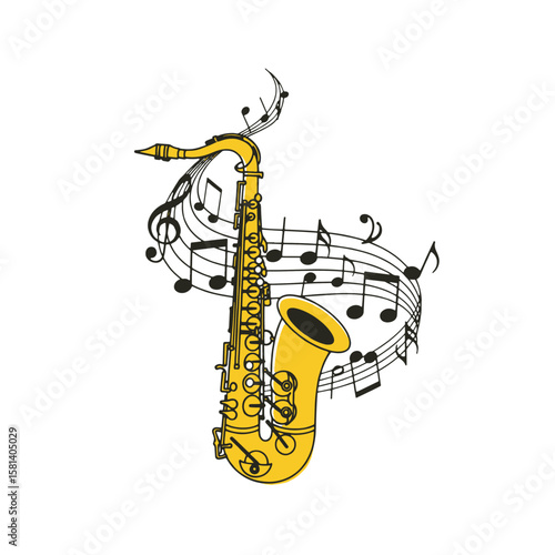 A golden saxophone with musical notes swirling around it, on a white background.