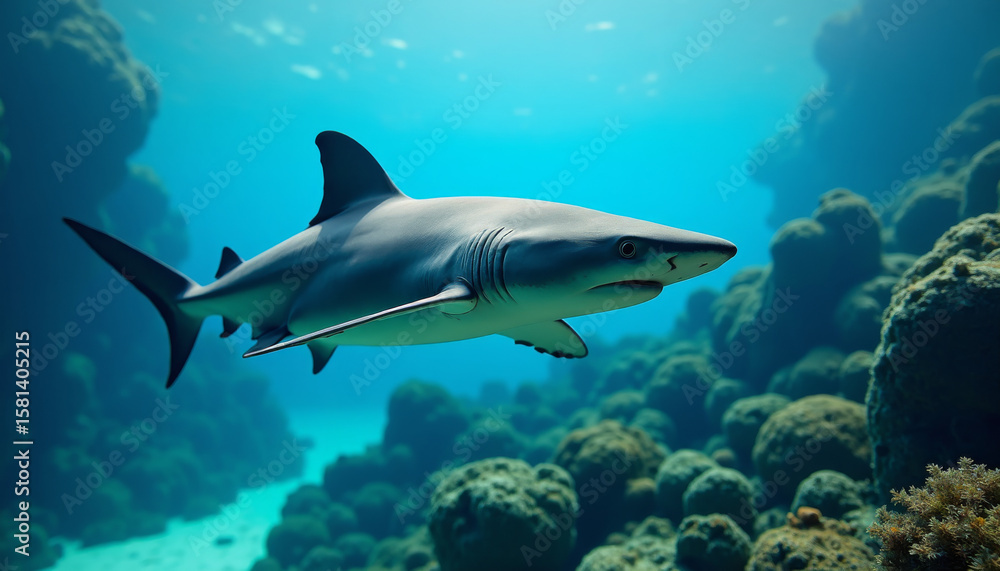 Fototapeta premium Shark Swimming in Coral Reef, Underwater Photography, Vibrant Ocean Environment