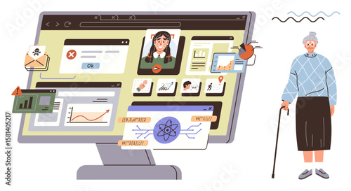 Elderly woman stands near a large computer screen with pop-ups, charts, warnings, and emails. Ideal for technology, cybersecurity, education, senior learning, digital skills internet safety simple