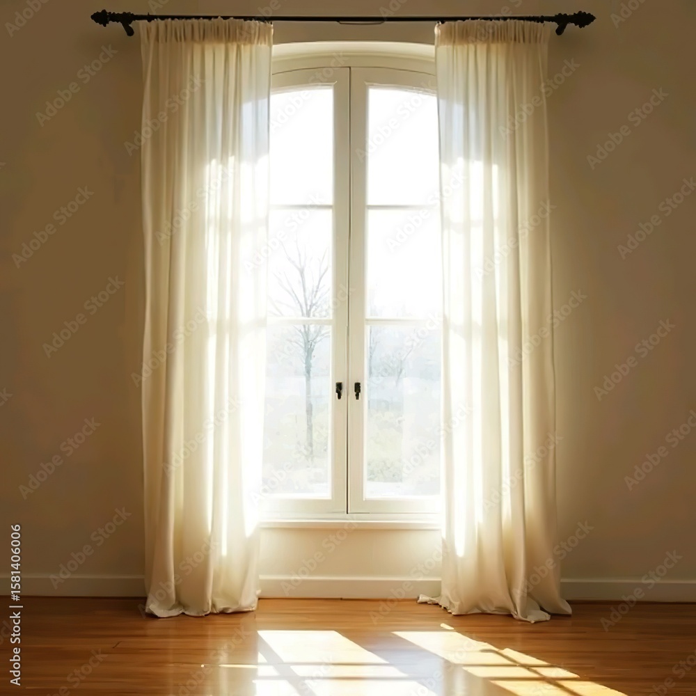 Fototapeta premium Warm Sunlight Through Arched Window with Cream Curtains in a Bright Room