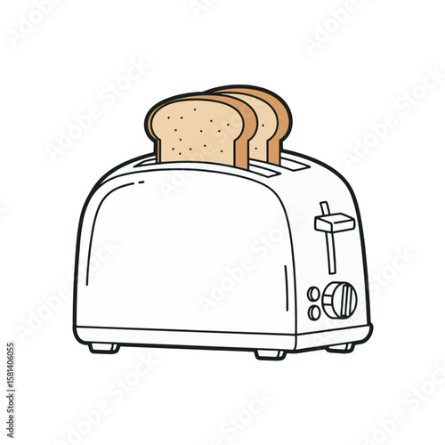 Simple illustration of a white toaster with toasted bread slices.