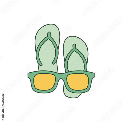 A pair of green flip-flops rests atop yellow-tinted sunglasses, suggesting summer vacation.