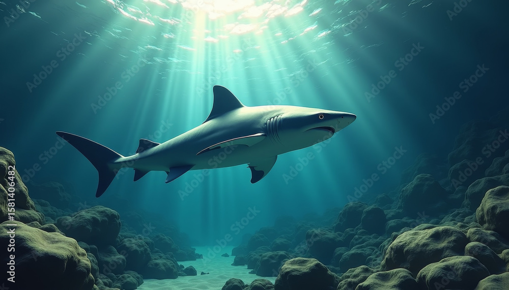 Obraz premium Majestic Shark Swimming in Crystal Clear Waters, Ocean Depths, Wildlife Photography, Serene Environment, Underwater Perspective