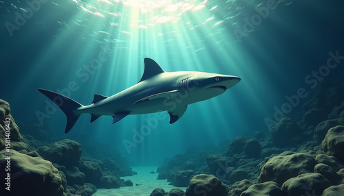 Wallpaper Mural Majestic Shark Swimming in Crystal Clear Waters, Ocean Depths, Wildlife Photography, Serene Environment, Underwater Perspective Torontodigital.ca