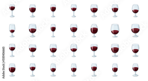 Set of Vector Icons Array of Red Wine Glasses with Varying Shapes and Fill Levels. Vector Illustrations. EPS Editable