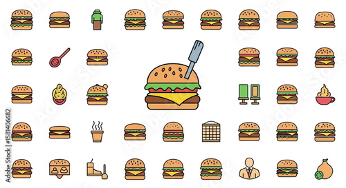 Set of Vector Icons Assorted Burger Icons Colorful Flat Design Food Variety Vector Illustration. Vector Illustrations. EPS Editable