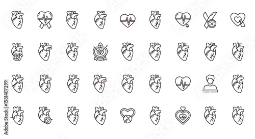 Set of Vector Icons Collection of Anatomical Heart Icons with Medical and Health Concepts. Vector Illustrations. EPS Editable