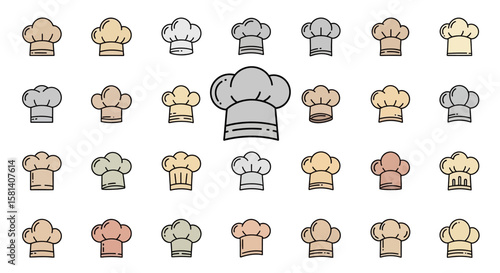 Set of Vector Icons Collection of Colorful Chef Hats with Black Outlines and Varied Styles. Vector Illustrations. EPS Editable
