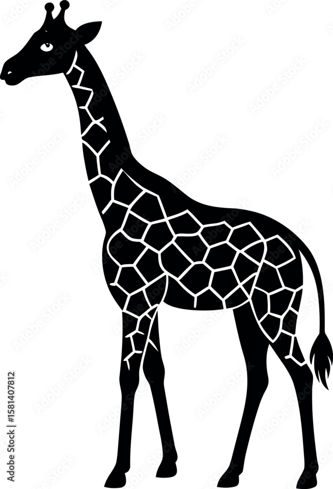 Obraz premium Standing giraffe full body black and white silhouette vector illustration