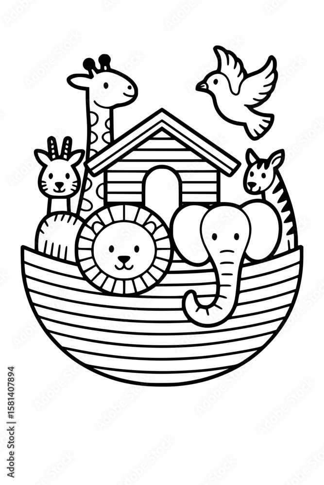 Fototapeta premium Cute Noah’s Ark with Animals – Bold Minimalist Vector Line Art for Apparel and Vinyl Cutting Generative AI