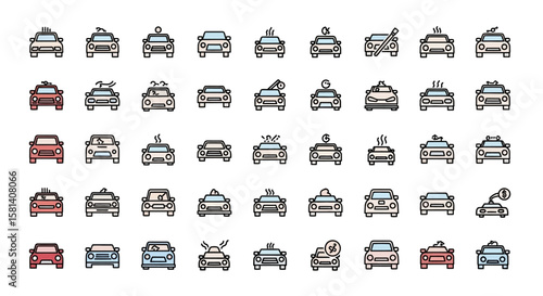 Set of Vector Icons Collection of Diverse Car Icons Front View Various Colors and Conditions. Vector Illustrations. EPS Editable