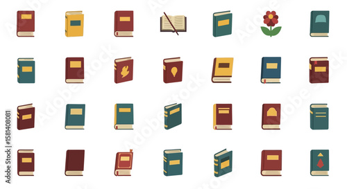 Set of Vector Icons Collection of Diverse Hardcover Books in Various Colors and Styles. Vector Illustrations. EPS Editable