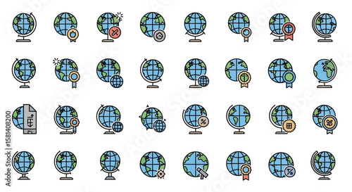 Set of Vector Icons Collection of Globe Icons with Various Symbols and Styles Flat Design. Vector Illustrations. EPS Editable