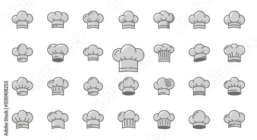 Set of Vector Icons Collection of Gray Chef Hats Icons with Various Designs and Styles. Vector Illustrations. EPS Editable