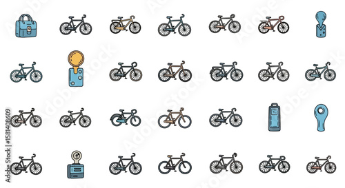 Set of Vector Icons Collection of HandDrawn Bicycles and Accessories in Various Styles and Colors. Vector Illustrations. EPS Editable