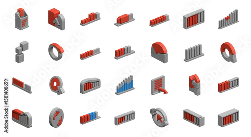Set of Vector Icons Collection of Isometric 3D Red and Gray Progress Bar and Chart Icons. Vector Illustrations. EPS Editable
