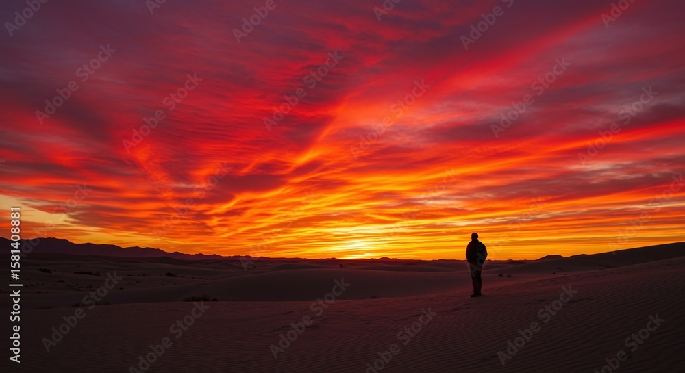 Fototapeta premium Solitary Person Standing in Desert During Vibrant Sunset with Colorful Sky and Dramatic Clouds