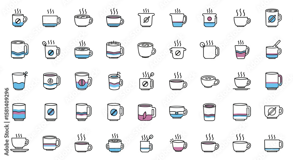 Fototapeta premium Set of Vector Icons Collection of Various Coffee and Tea Cups with Different Contents. Vector Illustrations. EPS Editable