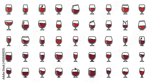 Set of Vector Icons Collection of Stylized Wine Glasses with Red Wine Various Shapes and Styles. Vector Illustrations. EPS Editable