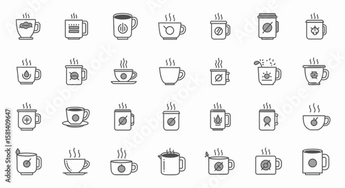 Set of Vector Icons Collection of Various Steaming Coffee and Tea Cups with Unique Designs. Vector Illustrations. EPS Editable