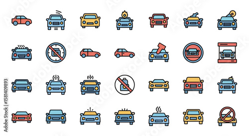 Set of Vector Icons Colorful Vector Illustrations of Various Cars Depicting Different Conditions and Situations. Vector Illustrations. EPS Editable