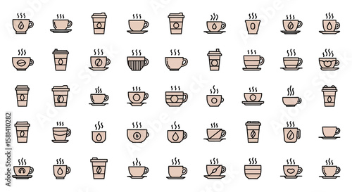 Set of Vector Icons Diverse Coffee Cup and ToGo Cup Icons with Steam and Details. Vector Illustrations. EPS Editable
