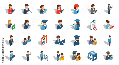 Set of Vector Icons Diverse Isometric Illustrations of Professionals Students and Graduates. Vector Illustrations. EPS Editable